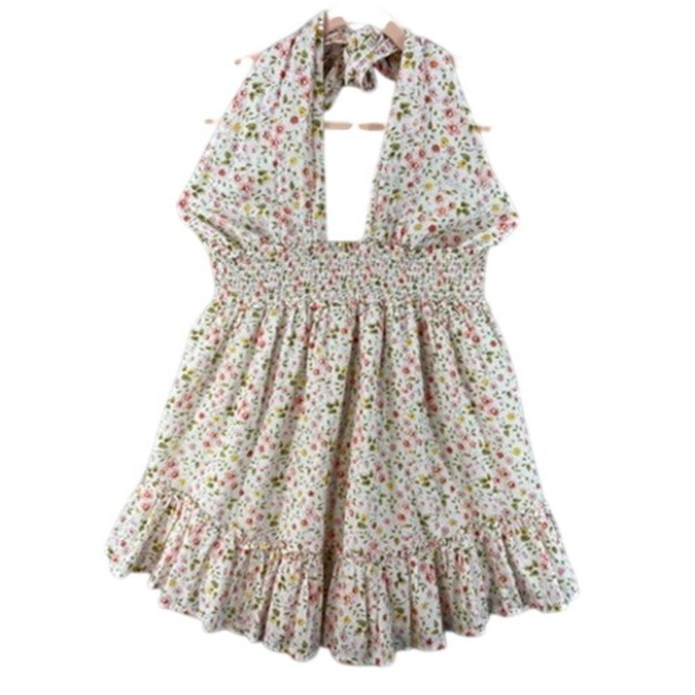 NWT Aerie Halter Mini Dress Womens L White Floral Smocked Waist Ruffle Hem